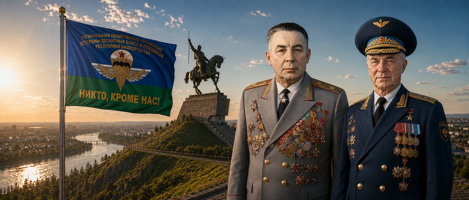 НИКТО, КРОМЕ НАС! Флаг РОО «Ветераны десантных войск и спецназа Республики Башкортостан», генерал армии В.Ф. Маргелов и генерал-полковник В.А. Востротин на фоне Кремля